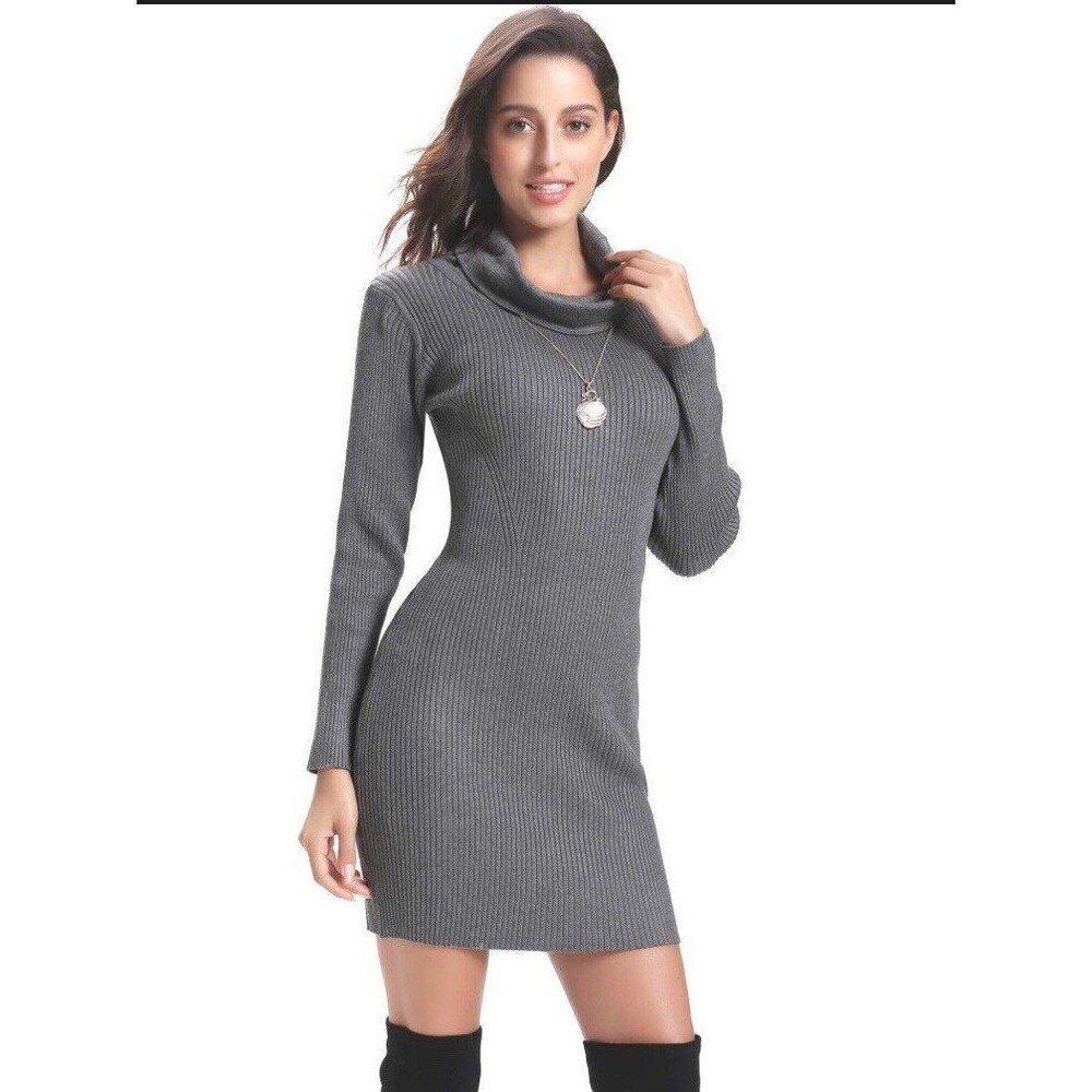Abollria Turtle Neck Ribbed Charcoal Gray Bodycon Sweater Dress Size Large